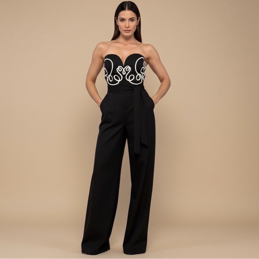 Chic Black Strapless Jumpsuit with Embroidered Detail